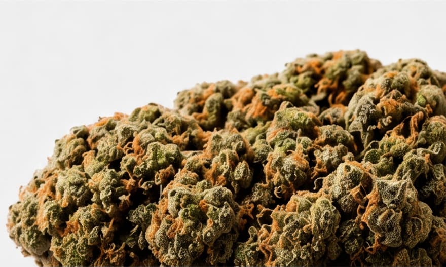 Cannabis flower photographed against a studio grey ground