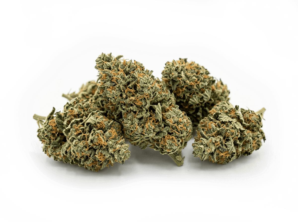 Five cured cannabis buds arranged as a specimen group
