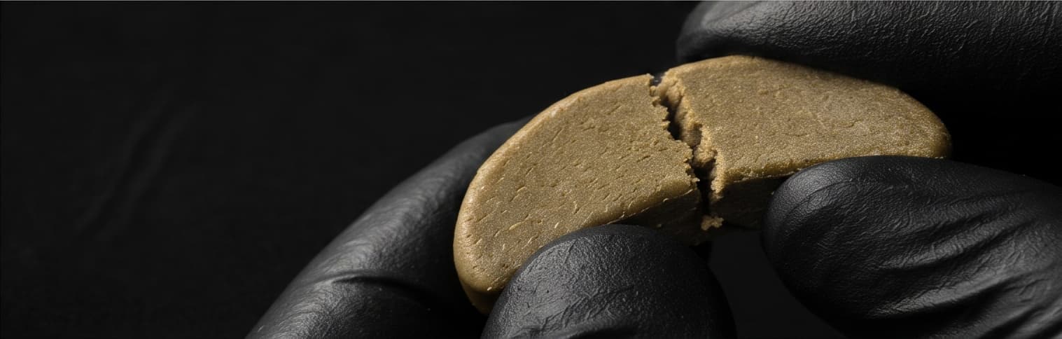 A split slab of hash held in a gloved hand