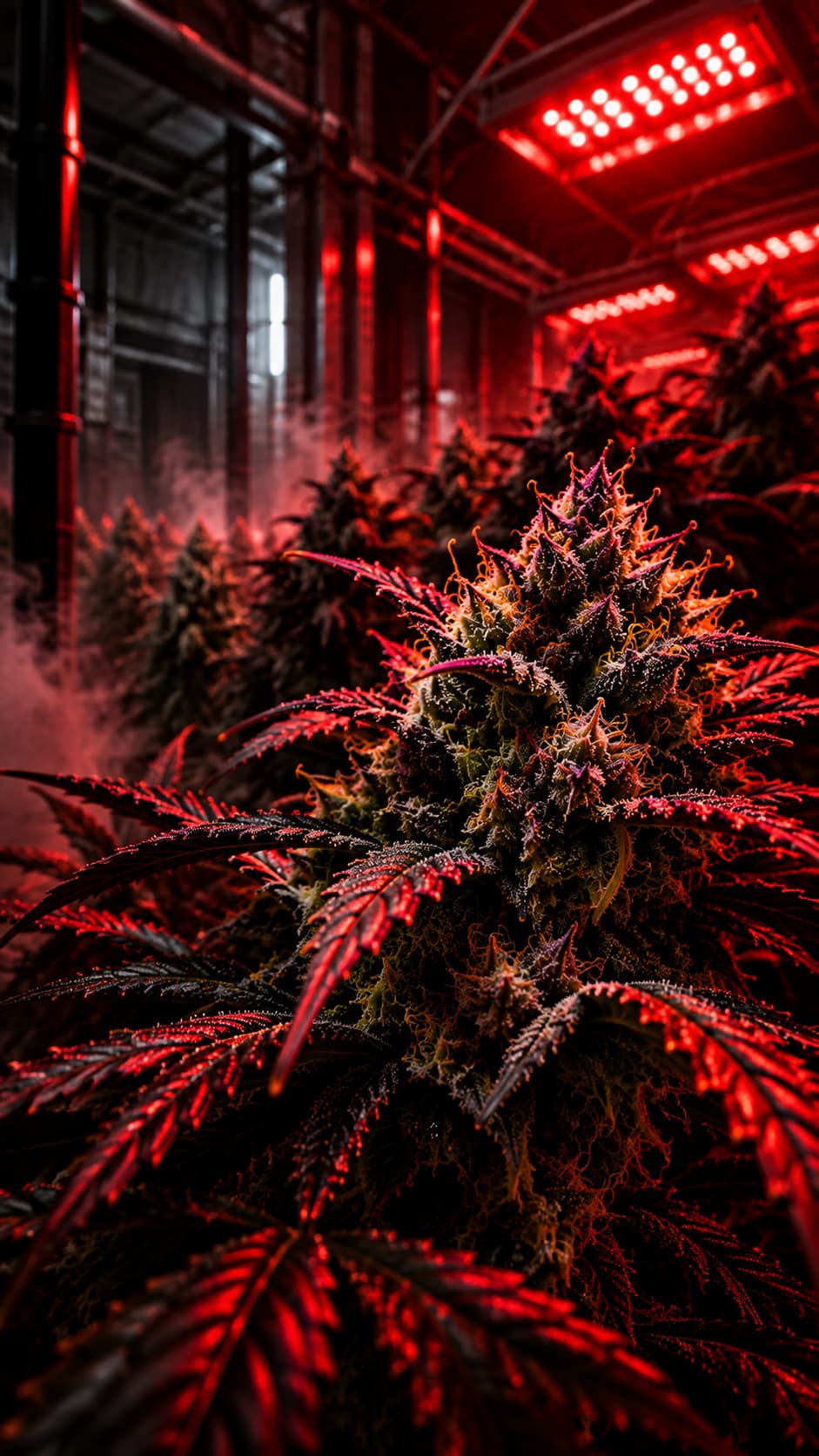Dark red cannabis plants under a grow light in a steel frame