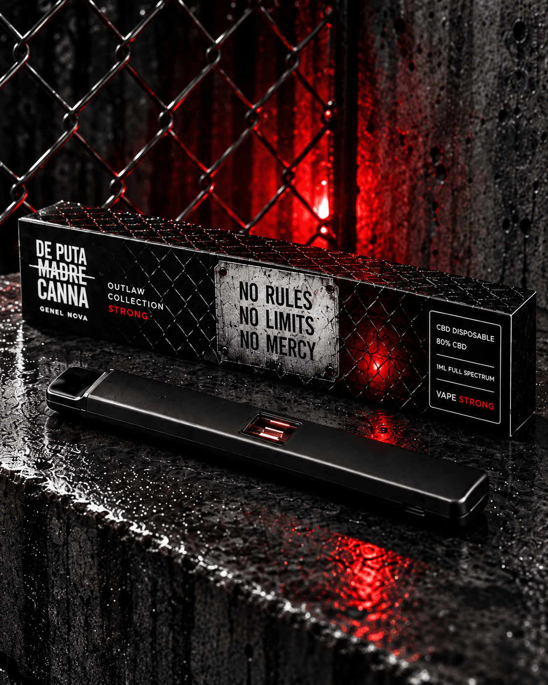 A black disposable vape in front of its chain-link box printed No Rules No Limits No Mercy