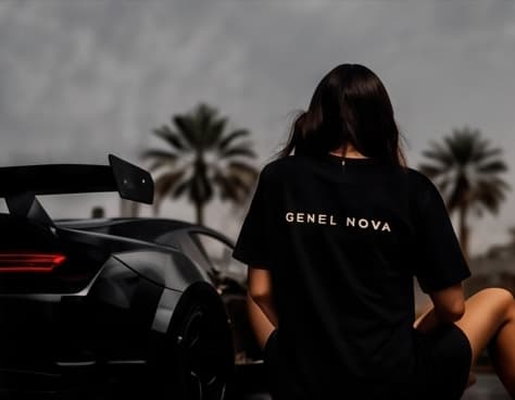 A Genel Nøva tee worn on location beside a black car
