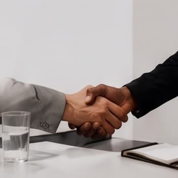 Two people shaking hands across a desk
