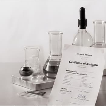 A certificate of analysis beside sample glassware