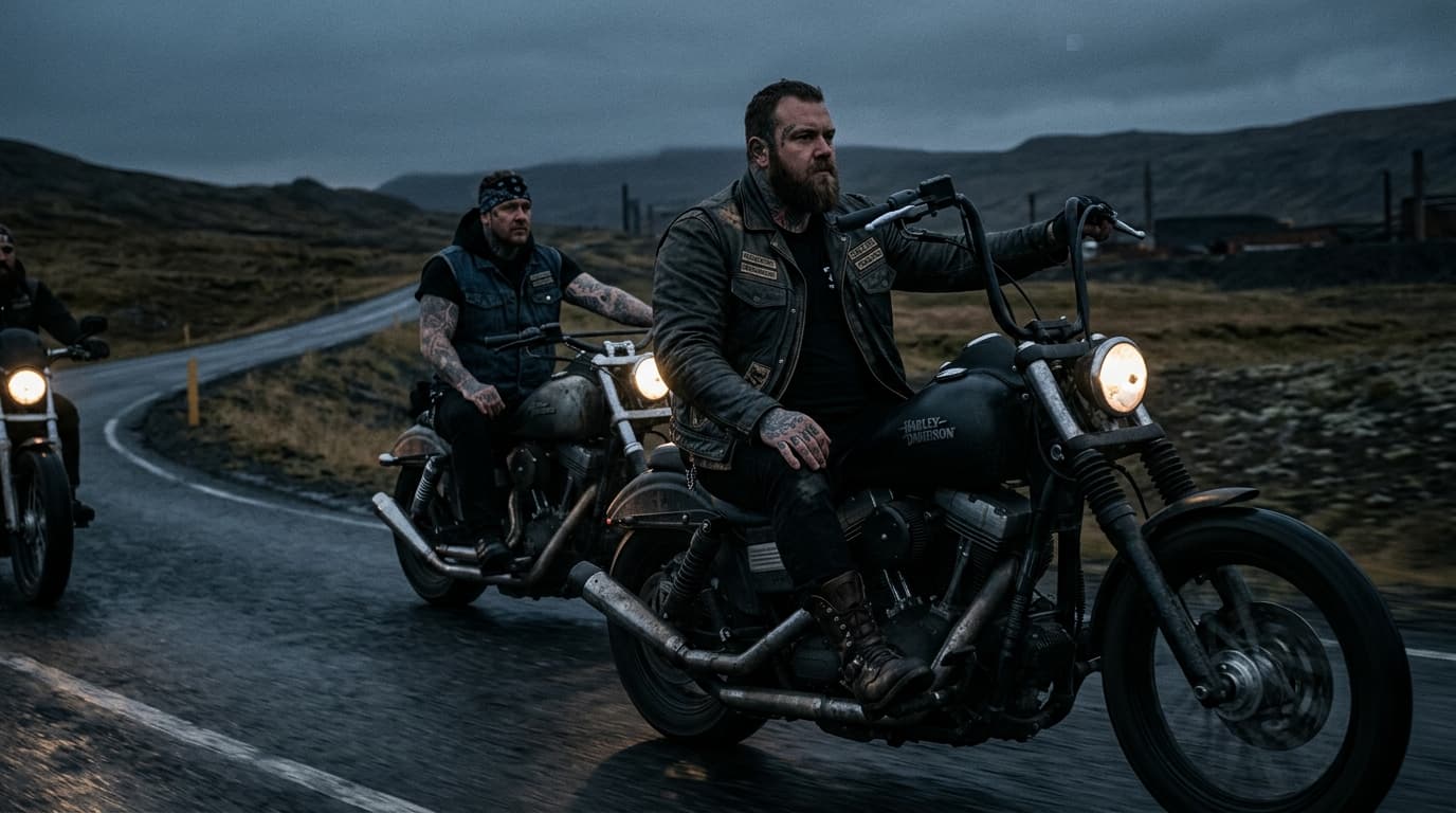 Two riders on motorcycles on an open road at night