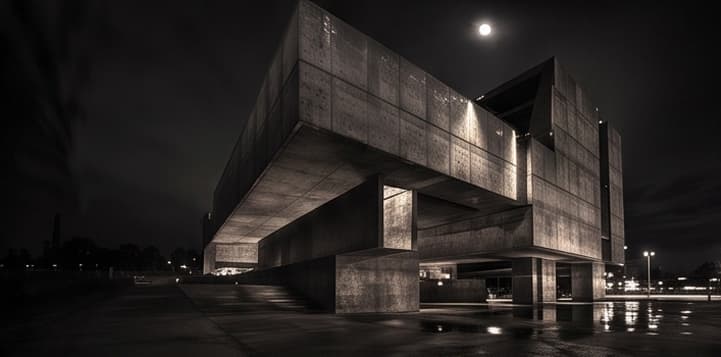 A brutalist concrete building under a full moon