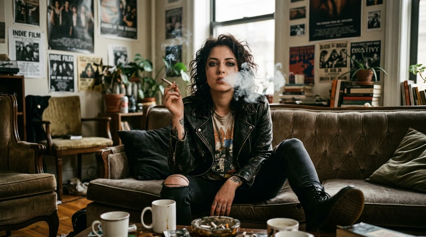 A woman smoking in a café by the window