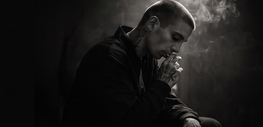 A man lighting a cigarette in low light