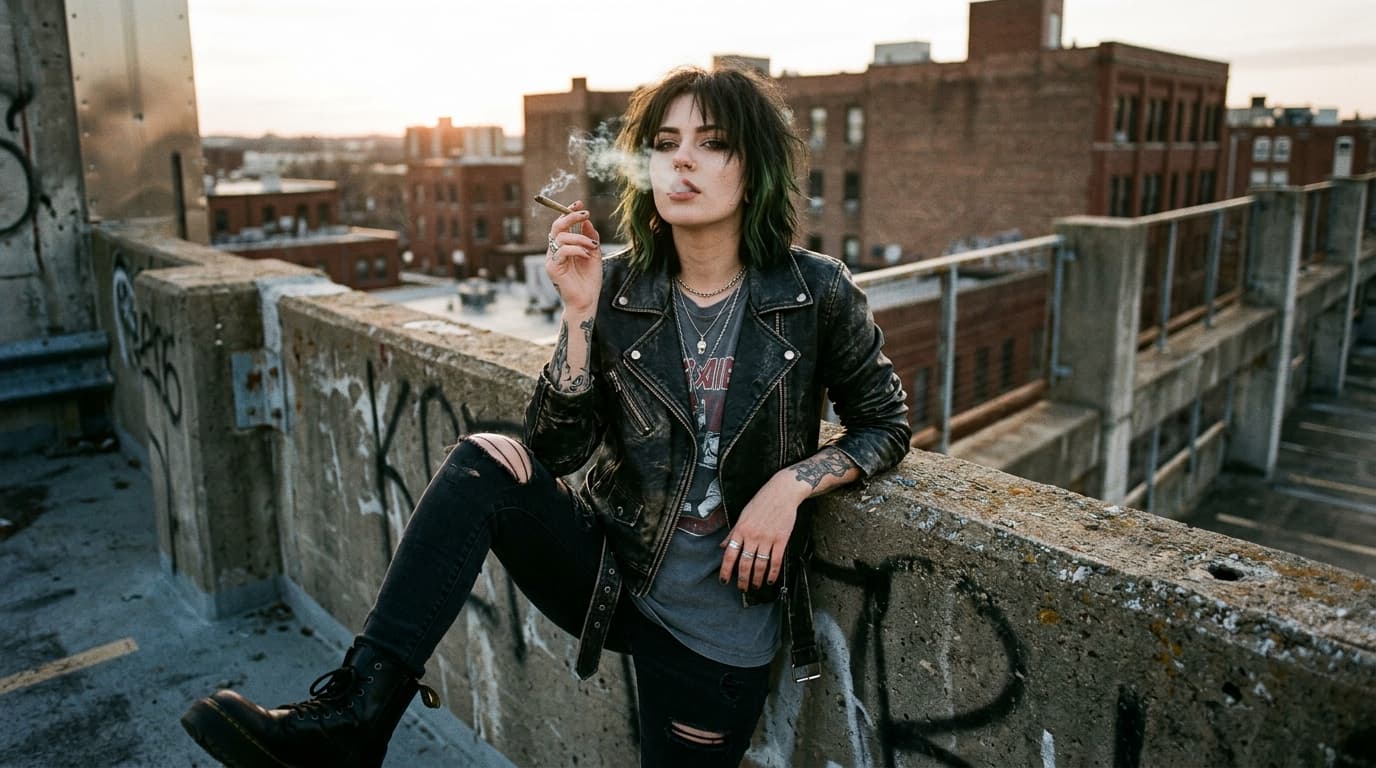 A woman smoking on a rooftop at dusk