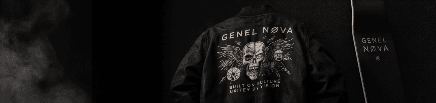 A printed collaboration bomber jacket and a matching deck on black