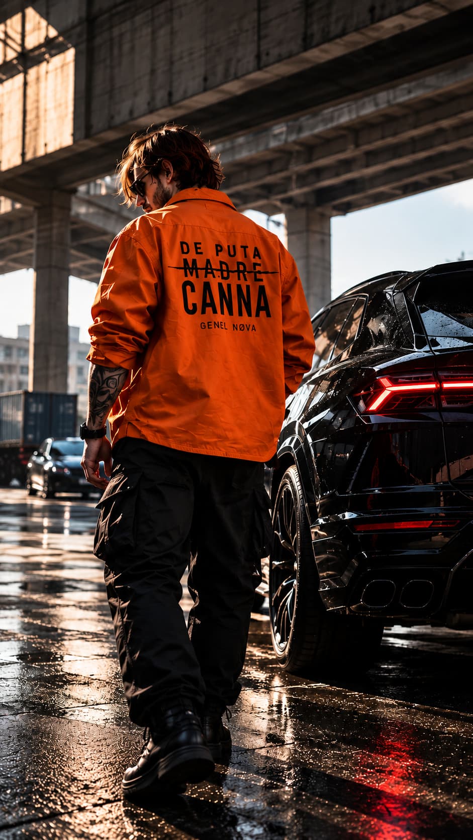 A figure in an orange De Puta Madre Canna jacket walking past a black car on wet concrete