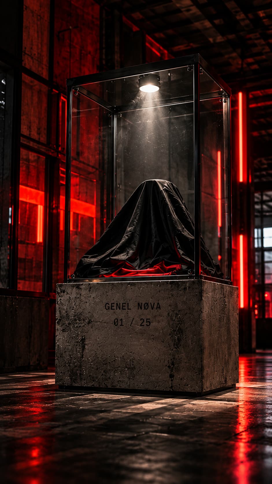 A draped piece in a glass case on a plinth marked Genel Nova 01/25, red light behind