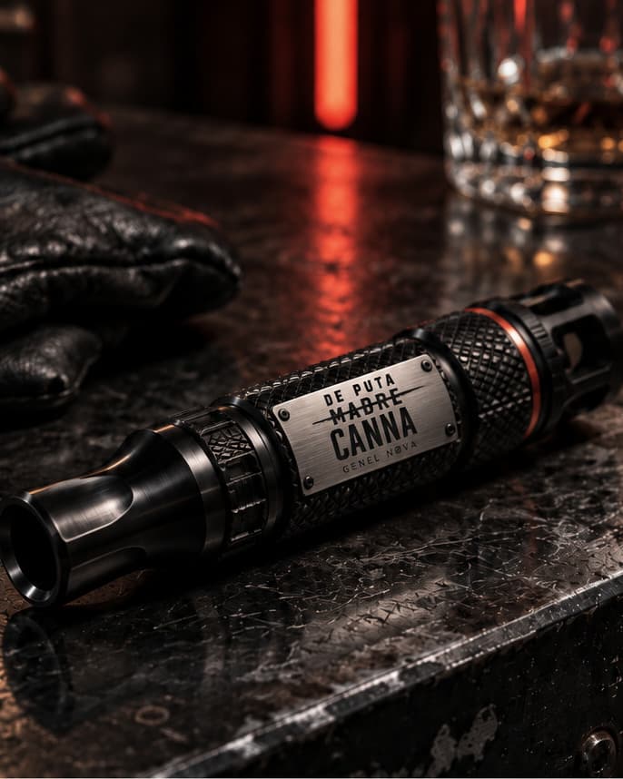 A black knurled mouthpiece with a brushed DE PUTA MADRE CANNA plate, on a wet metal bar beside leather gloves and a whisky glass