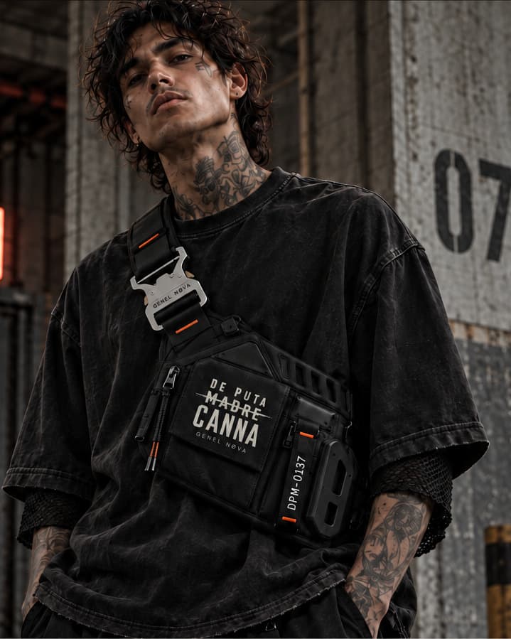 A tattooed model wearing a black chest rig with a steel buckle over a washed black tee, at a loading bay