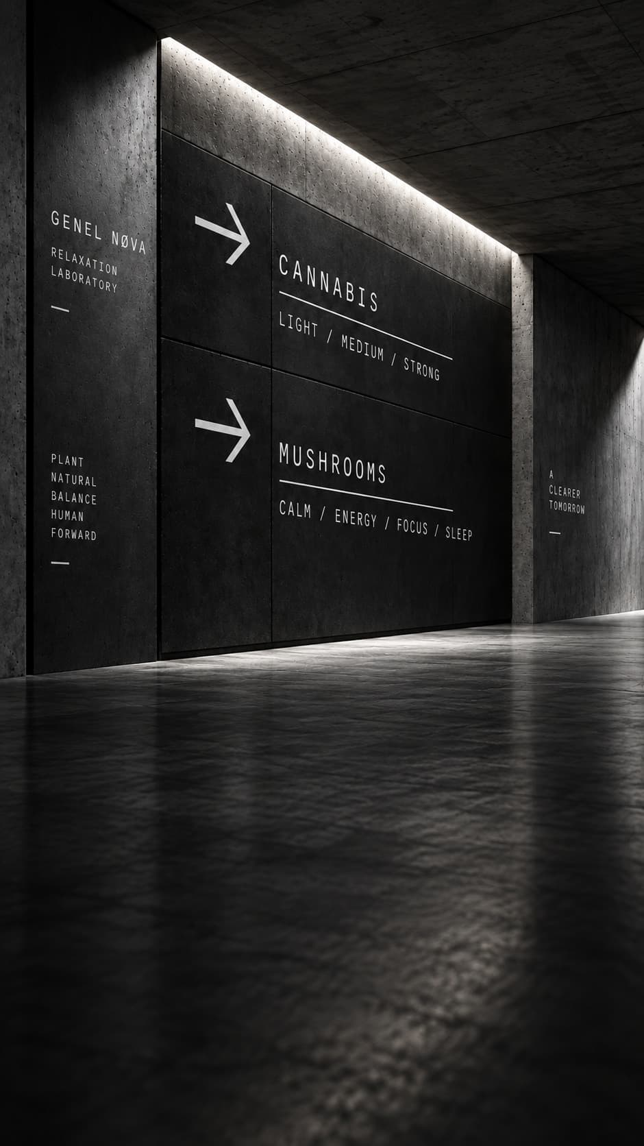 A concrete corridor with a lit signage wall: arrows to cannabis, light, medium and strong, and to mushrooms, calm, energy, focus and sleep