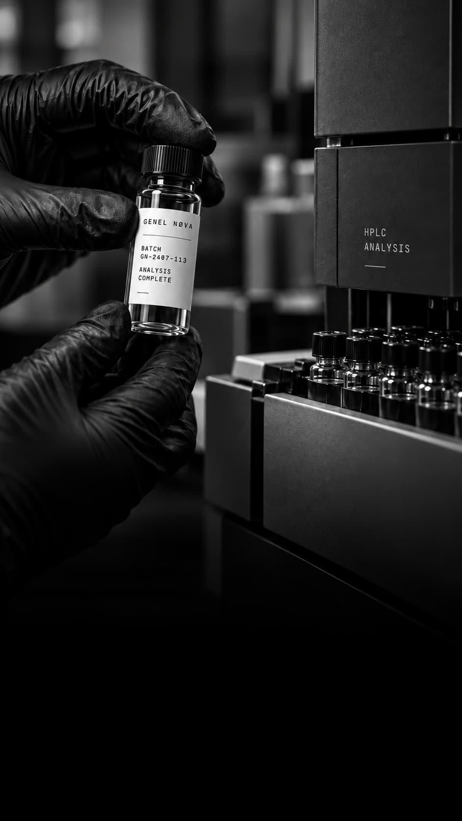 A gloved hand holding up a sample vial labelled batch GN-2407-113, analysis complete, beside an HPLC autosampler