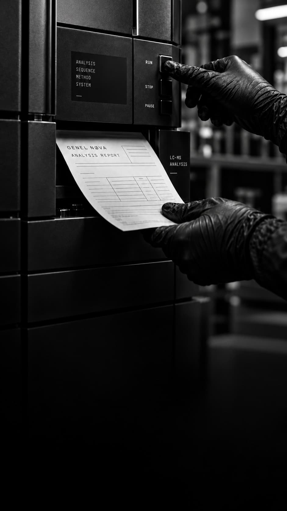 A gloved hand pressing run on an LC-MS analyser while the other takes a Genel Nøva analysis report from its printer