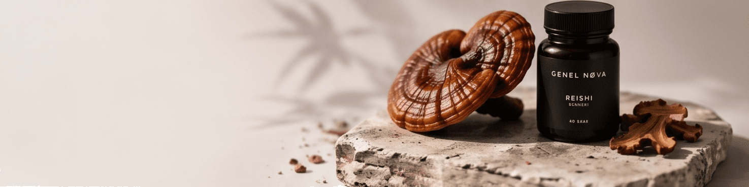 Two reishi conks and a Reishi capsule jar on a travertine slab