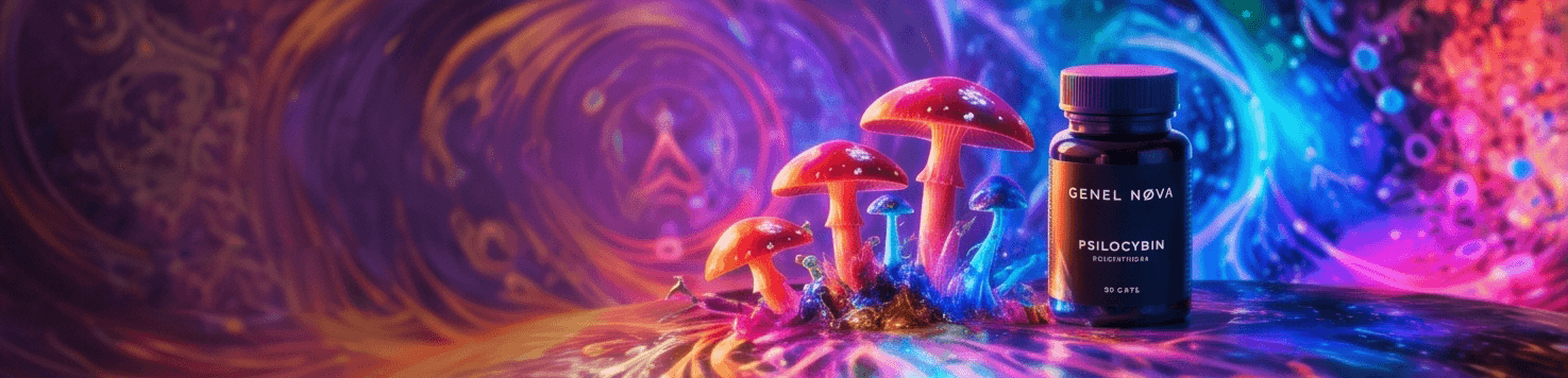 Psilocybe caps and a Psilocybin jar against a saturated colour field