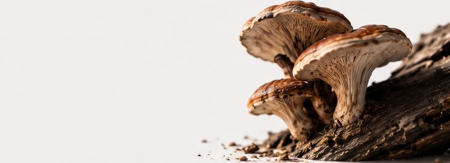 A cluster of shelf mushrooms growing from bark on a pale ground