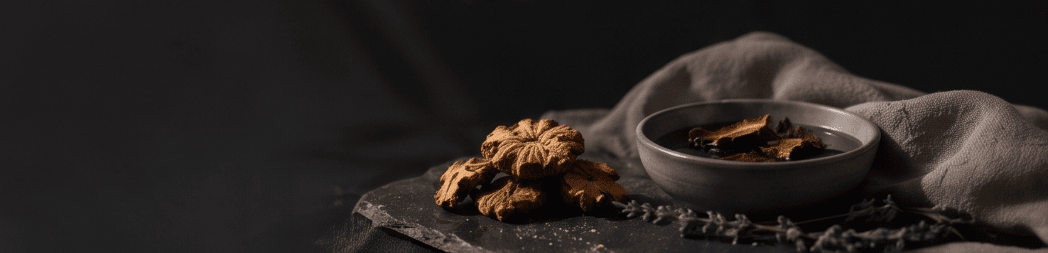Dried mushroom slices and a steeping bowl on slate with linen