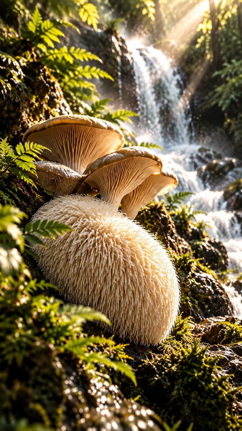 Lion's mane and pale mushrooms on moss beside a waterfall