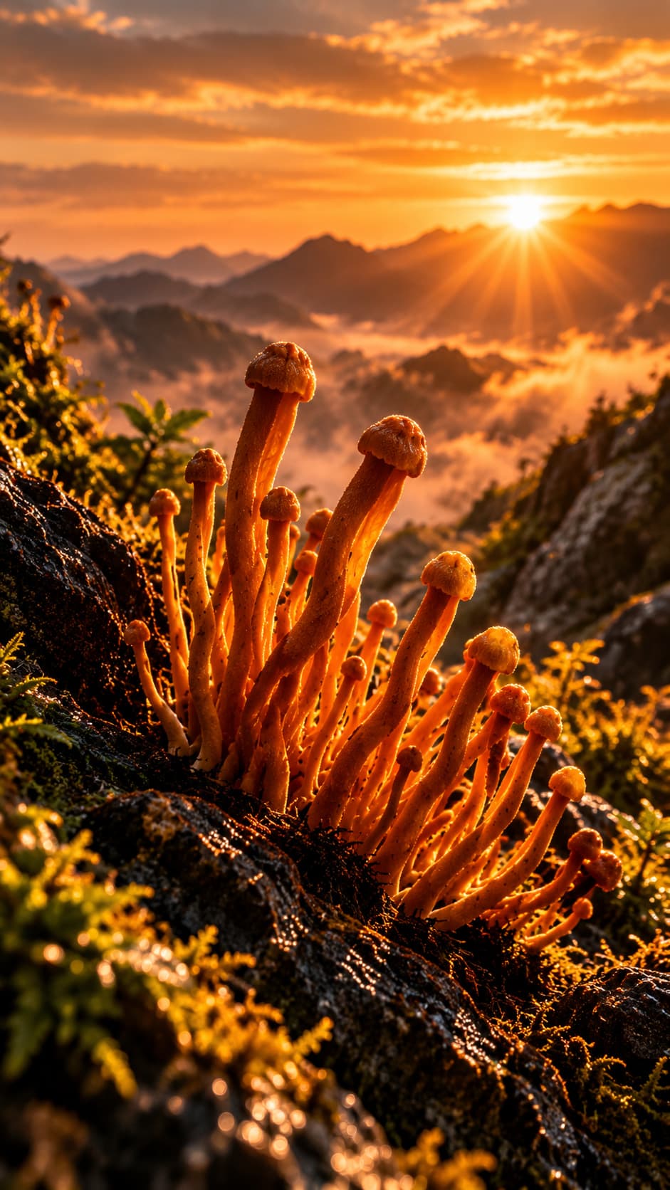 Orange cordyceps on a mossy rock above a valley at sunrise