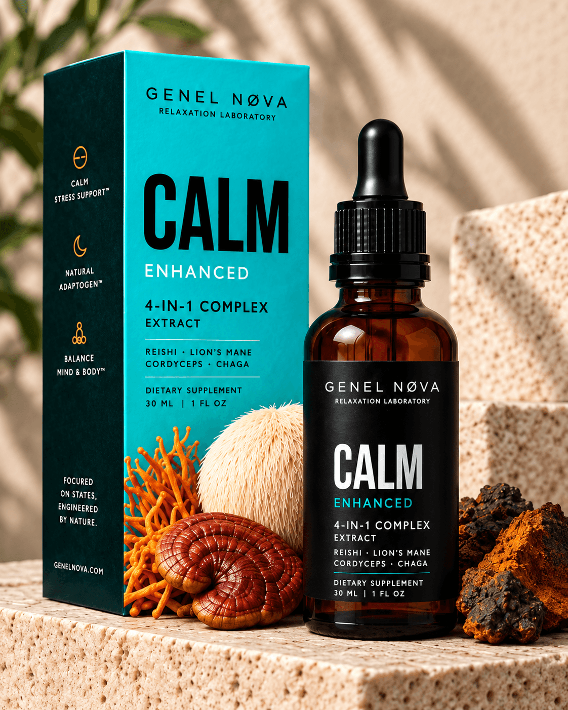 A teal Calm box and amber dropper bottle with reishi, lion's mane, cordyceps and chaga on stone