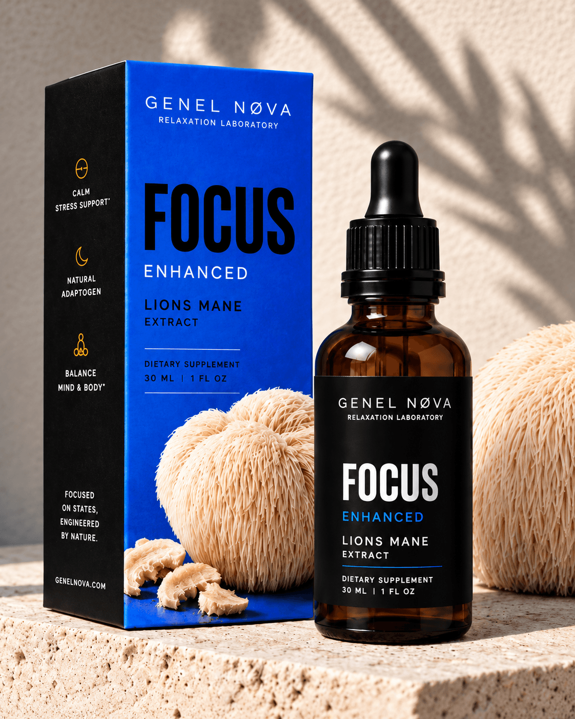 A blue Focus box and amber dropper bottle beside lion's mane mushrooms on stone