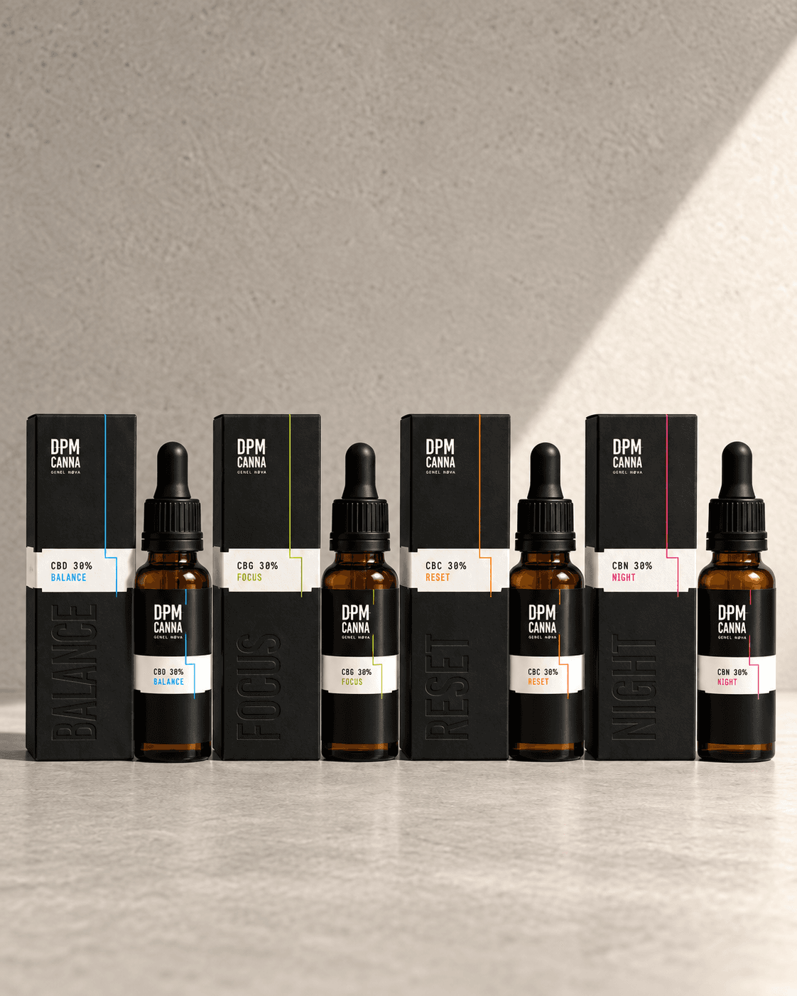 Four dropper bottles of oil — Balance, Focus, Reset, Night — each beside its box