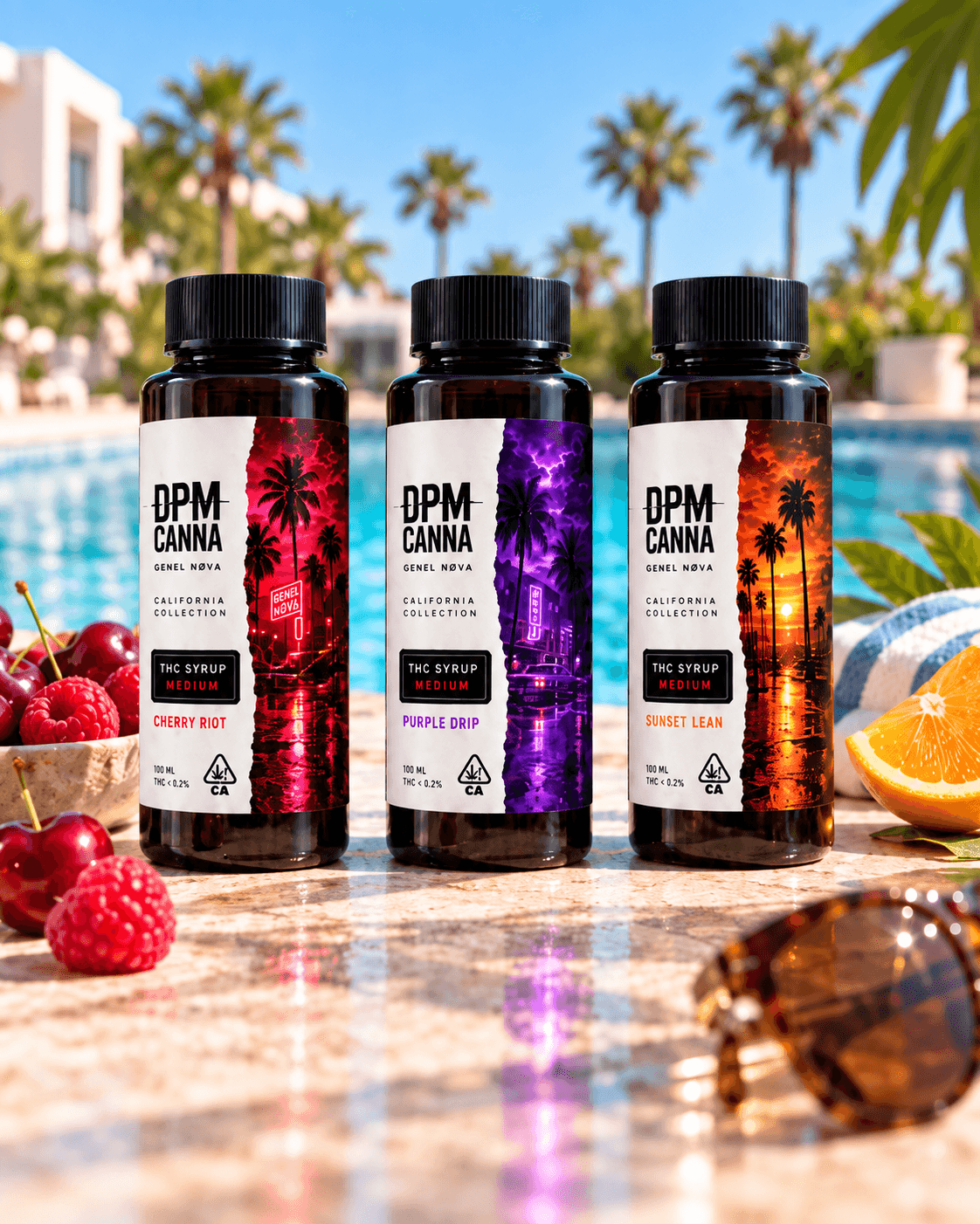 Three amber syrup bottles — Cherry Riot, Purple Drip, Sunset Lean — by a pool with cherries and oranges