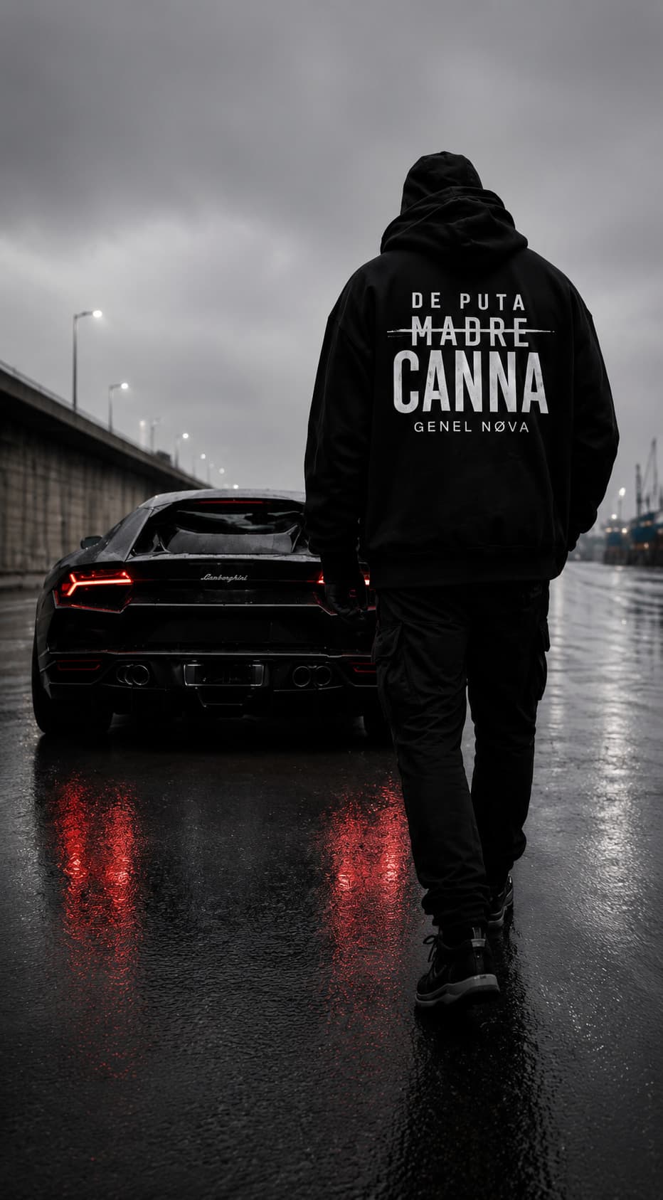 A figure in a De Puta Madre Canna hoodie walking away from a black car on wet tarmac