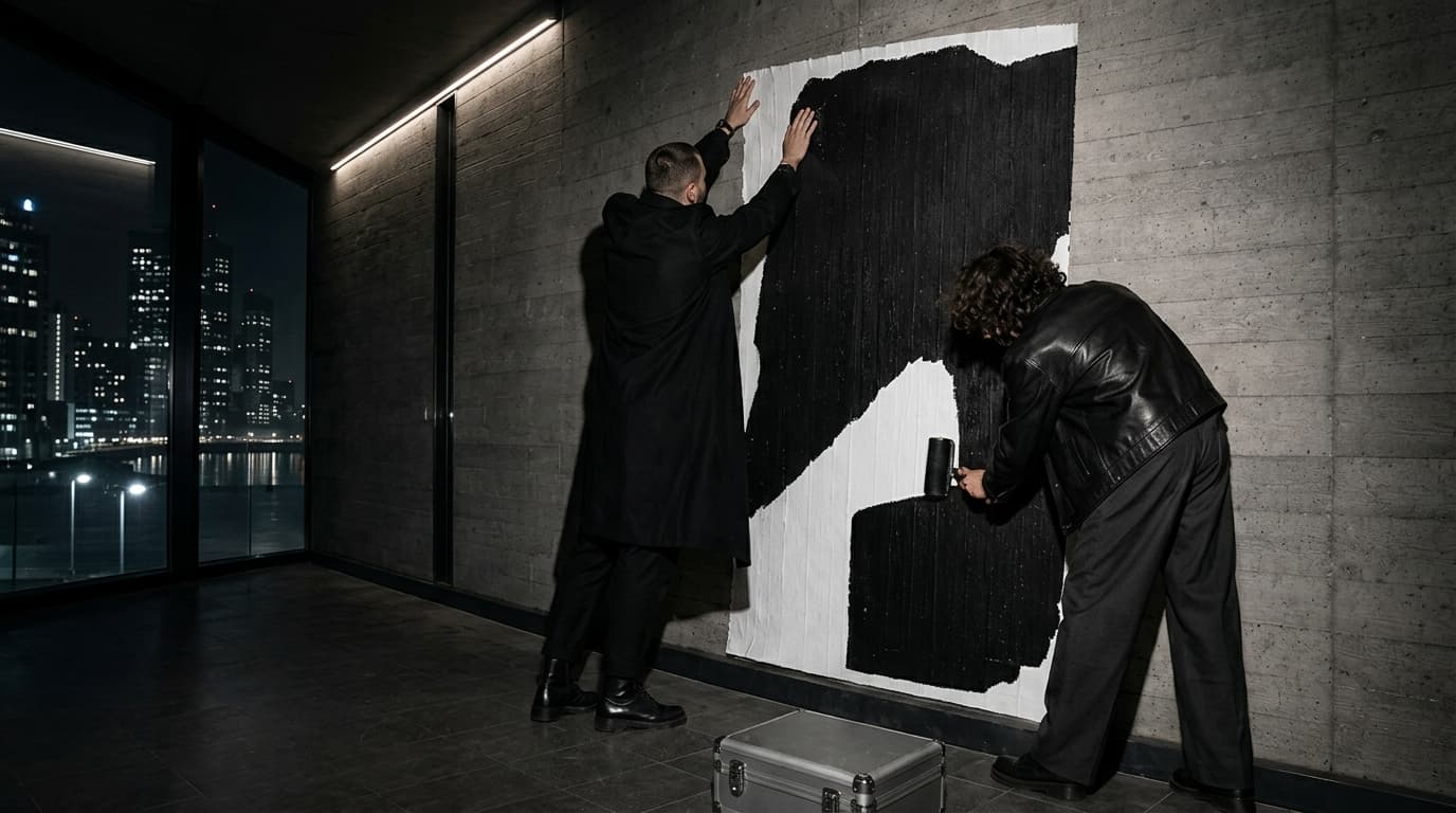 Two people pasting a Genel Nøva poster on a concrete wall at night